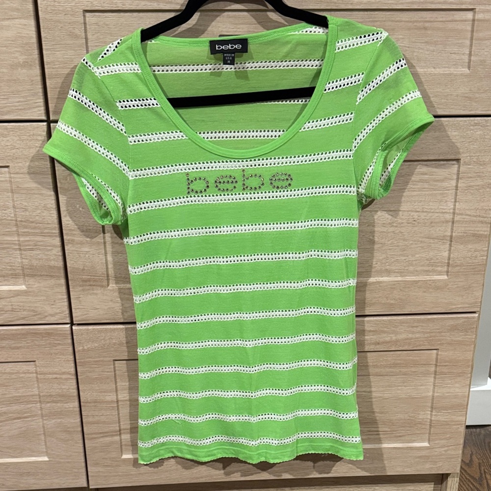 Bebe Lime Green Rhinestone Striped Short Sleeve Tee - Sz M